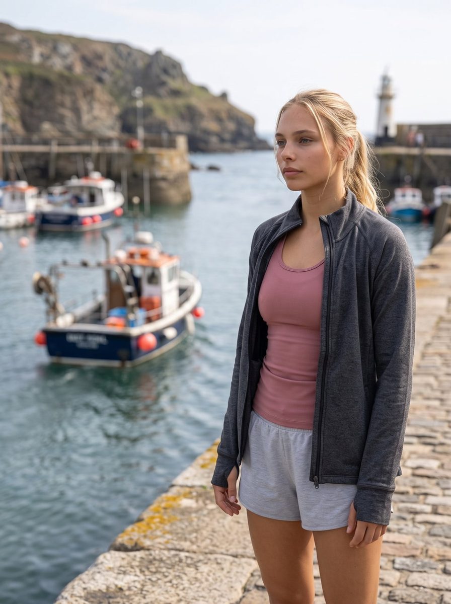 Michelle on a harbour wall in the morning, before training